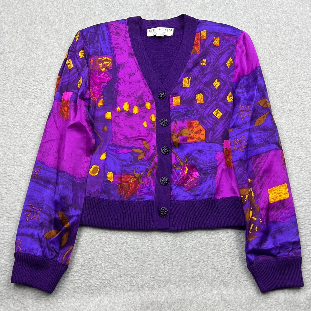 St. John Collection Cardigan Women's 4 Purple Satin Knit Abstract Button Jacket
